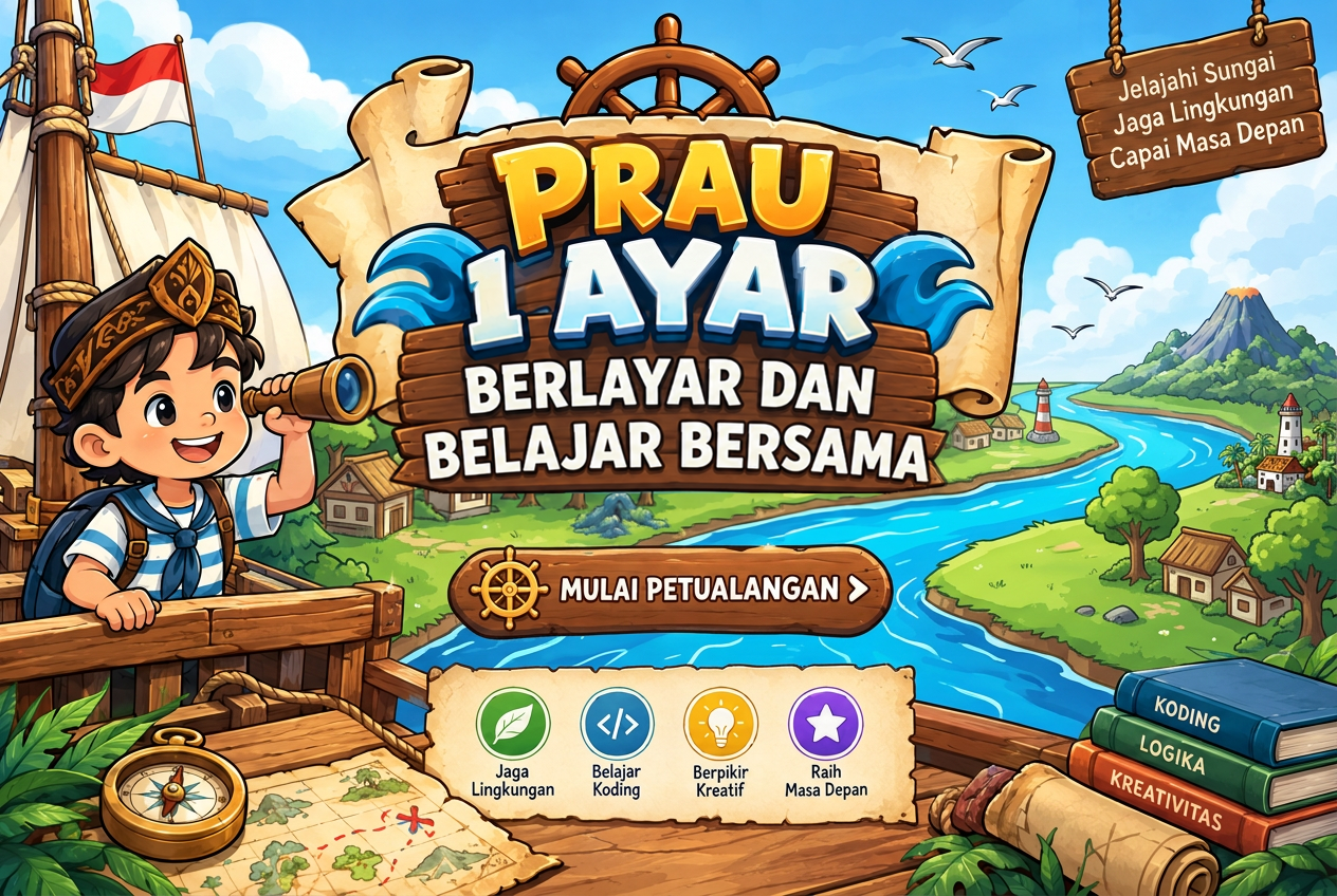 Prau Layar: nakhoda cilik melihat aliran sungai atau saluran air lainnya, rumah, perahu layar, dan peta petualangan